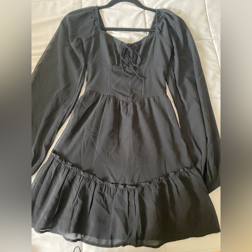 Long Sleeve Mesh Black Mini Dress, XXS